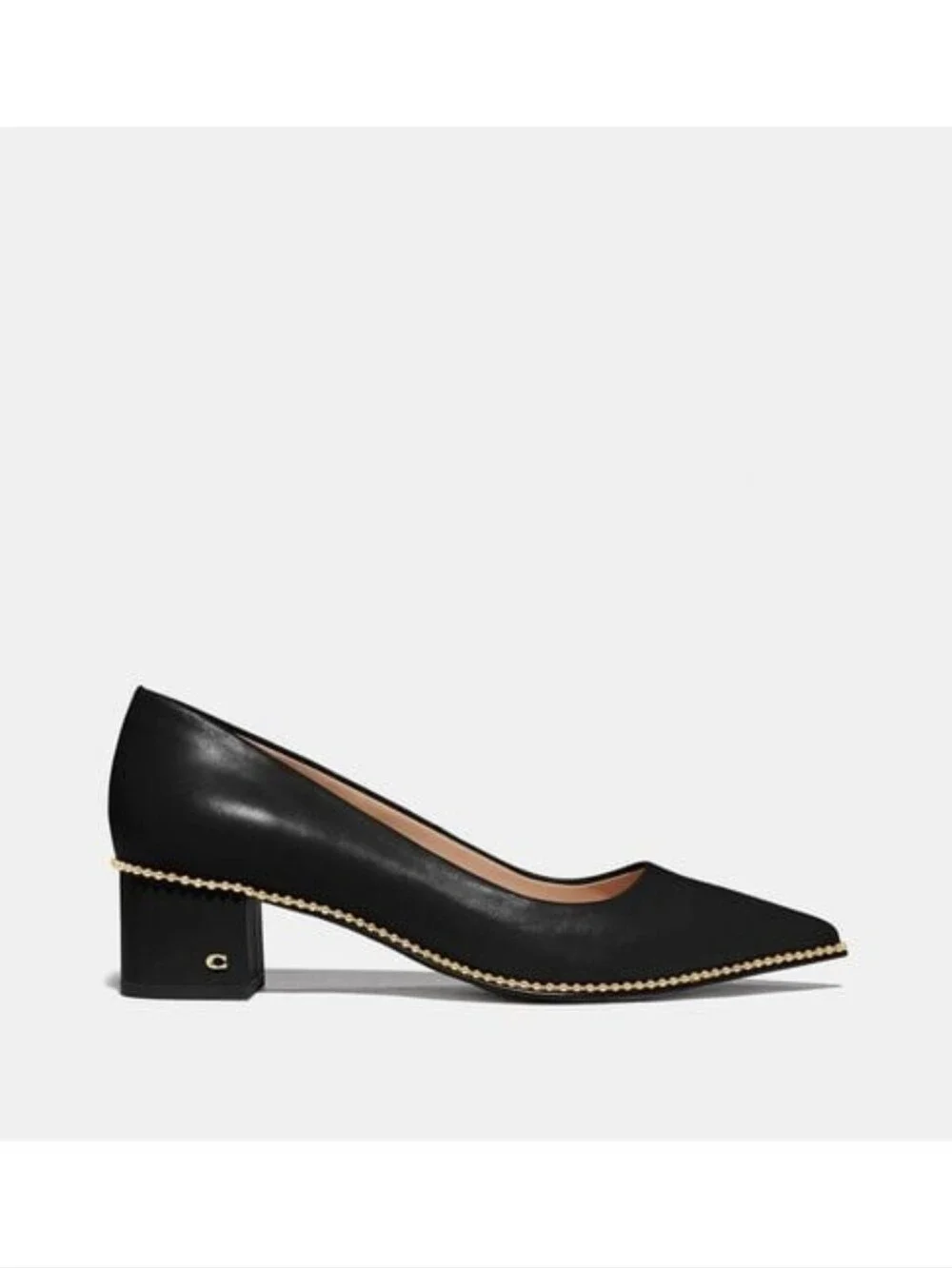 Coach Black Leather Pointed Block Heel Pumps with Gold Bead Trim Size 10